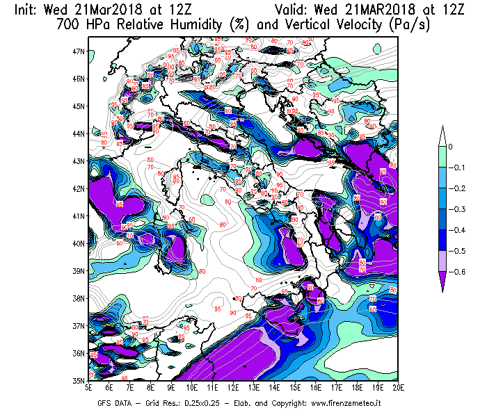 Mappa di analisi GFS - Umidità relativa [%] e Omega [Pa/s] a 700 hPa in Italia
							del 21/03/2018 12 <!--googleoff: index-->UTC<!--googleon: index-->