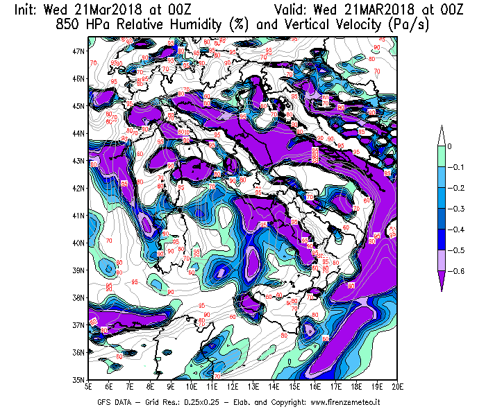 Mappa di analisi GFS - Umidità relativa [%] e Omega [Pa/s] a 850 hPa in Italia
							del 21/03/2018 00 <!--googleoff: index-->UTC<!--googleon: index-->