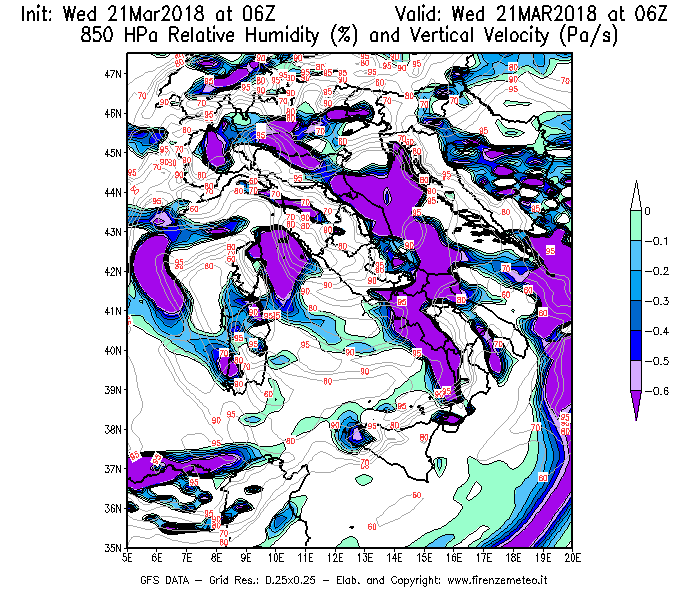 Mappa di analisi GFS - Umidità relativa [%] e Omega [Pa/s] a 850 hPa in Italia
							del 21/03/2018 06 <!--googleoff: index-->UTC<!--googleon: index-->