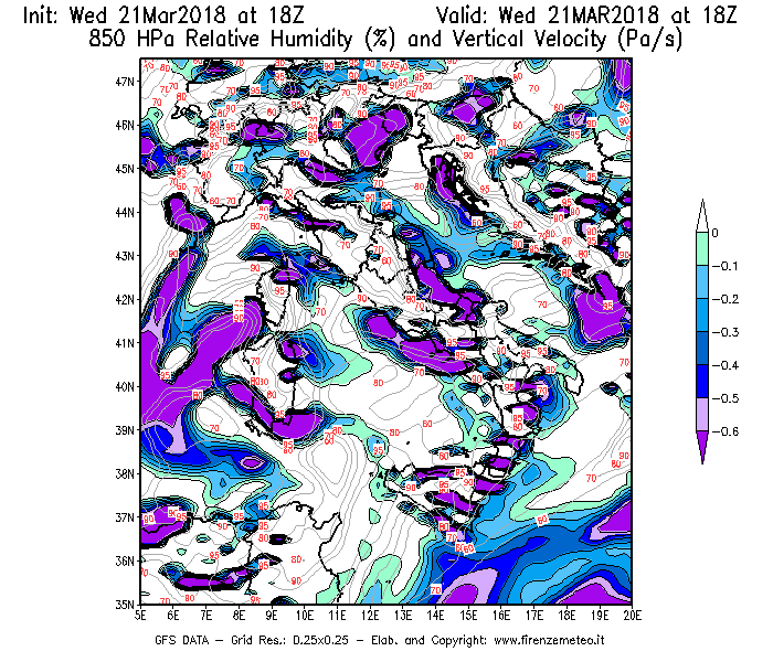 Mappa di analisi GFS - Umidità relativa [%] e Omega [Pa/s] a 850 hPa in Italia
							del 21/03/2018 18 <!--googleoff: index-->UTC<!--googleon: index-->
