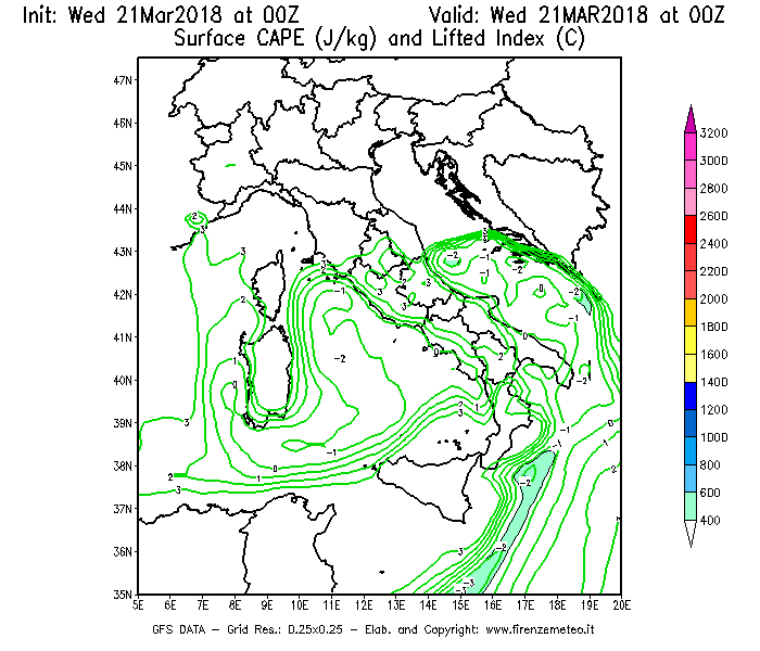 Mappa di analisi GFS - CAPE [J/kg] e Lifted Index [°C] in Italia
							del 21/03/2018 00 <!--googleoff: index-->UTC<!--googleon: index-->