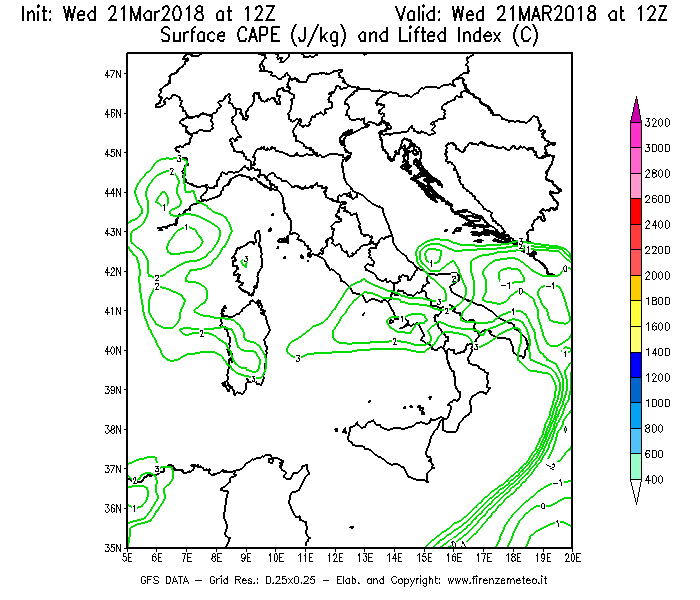 Mappa di analisi GFS - CAPE [J/kg] e Lifted Index [°C] in Italia
							del 21/03/2018 12 <!--googleoff: index-->UTC<!--googleon: index-->