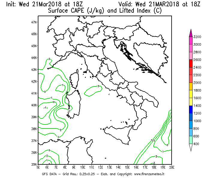Mappa di analisi GFS - CAPE [J/kg] e Lifted Index [°C] in Italia
							del 21/03/2018 18 <!--googleoff: index-->UTC<!--googleon: index-->
