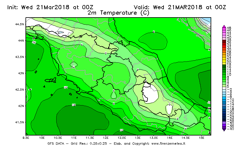 Mappa di analisi GFS - Temperatura a 2 metri dal suolo [°C] in Centro-Italia
							del 21/03/2018 00 <!--googleoff: index-->UTC<!--googleon: index-->