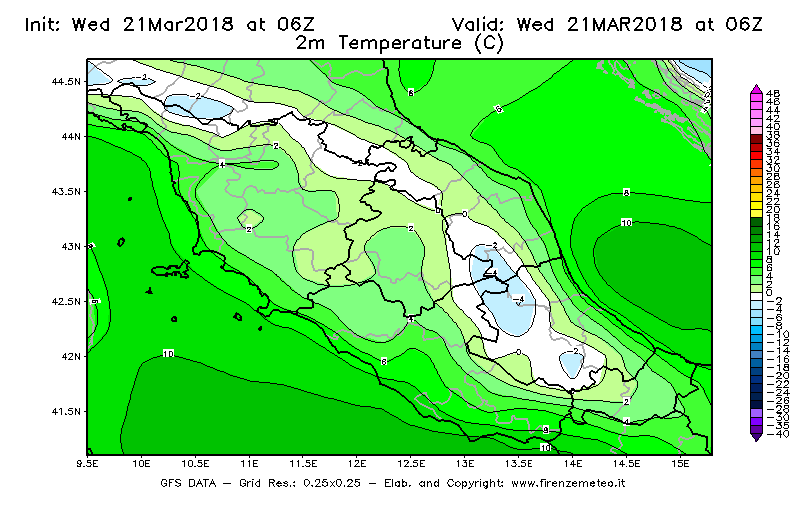 Mappa di analisi GFS - Temperatura a 2 metri dal suolo [°C] in Centro-Italia
							del 21/03/2018 06 <!--googleoff: index-->UTC<!--googleon: index-->