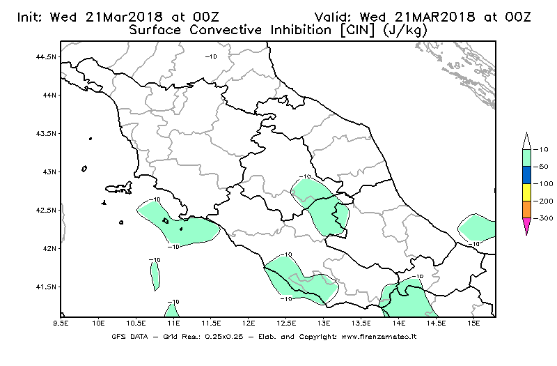Mappa di analisi GFS - CIN [J/kg] in Centro-Italia
							del 21/03/2018 00 <!--googleoff: index-->UTC<!--googleon: index-->