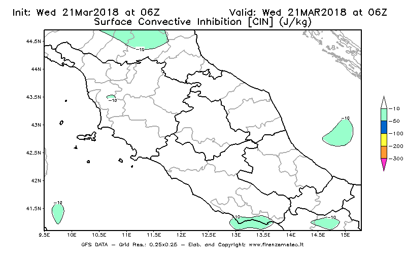 Mappa di analisi GFS - CIN [J/kg] in Centro-Italia
							del 21/03/2018 06 <!--googleoff: index-->UTC<!--googleon: index-->