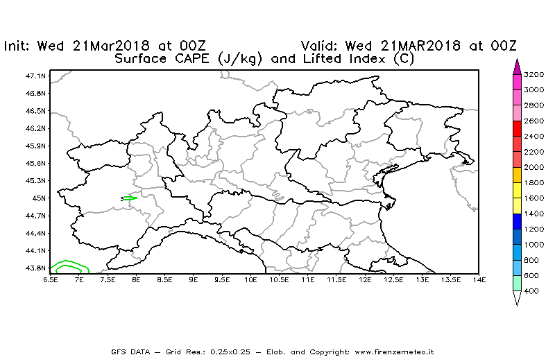 Mappa di analisi GFS - CAPE [J/kg] e Lifted Index [°C] in Nord-Italia
							del 21/03/2018 00 <!--googleoff: index-->UTC<!--googleon: index-->