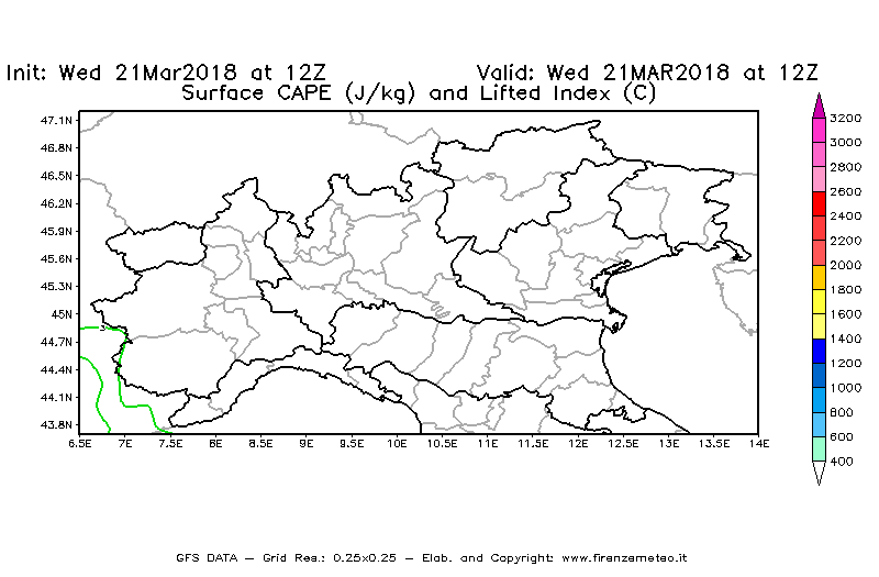 Mappa di analisi GFS - CAPE [J/kg] e Lifted Index [°C] in Nord-Italia
							del 21/03/2018 12 <!--googleoff: index-->UTC<!--googleon: index-->
