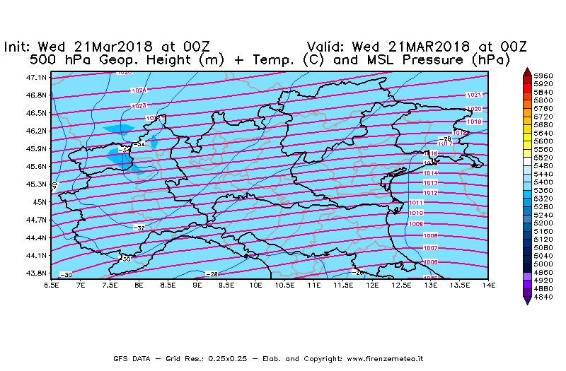 Mappa di analisi GFS - Geopotenziale [m] + Temp. [°C] a 500 hPa + Press. a livello del mare [hPa] in Nord-Italia
							del 21/03/2018 00 <!--googleoff: index-->UTC<!--googleon: index-->