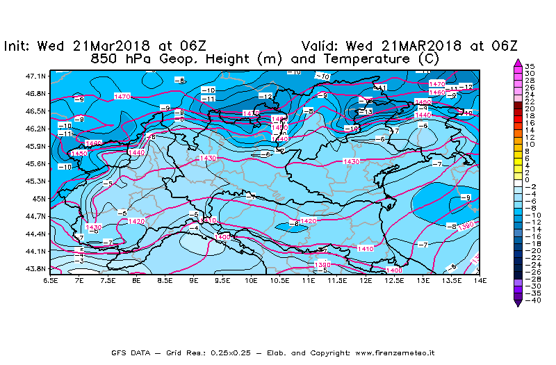 Mappa di analisi GFS - Geopotenziale [m] e Temperatura [°C] a 850 hPa in Nord-Italia
							del 21/03/2018 06 <!--googleoff: index-->UTC<!--googleon: index-->