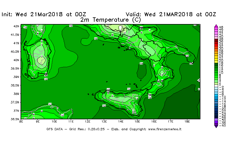 Mappa di analisi GFS - Temperatura a 2 metri dal suolo [°C] in Sud-Italia
							del 21/03/2018 00 <!--googleoff: index-->UTC<!--googleon: index-->