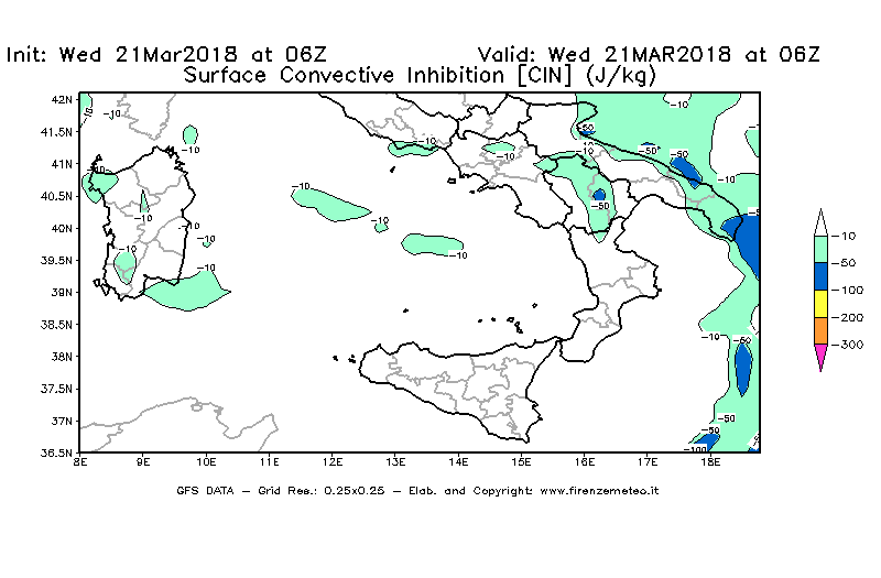 Mappa di analisi GFS - CIN [J/kg] in Sud-Italia
							del 21/03/2018 06 <!--googleoff: index-->UTC<!--googleon: index-->