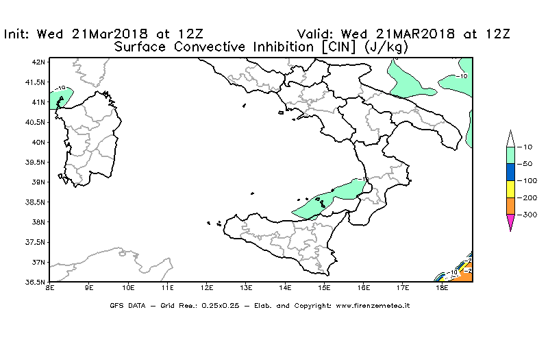 Mappa di analisi GFS - CIN [J/kg] in Sud-Italia
							del 21/03/2018 12 <!--googleoff: index-->UTC<!--googleon: index-->