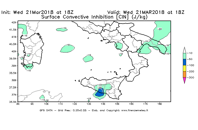 Mappa di analisi GFS - CIN [J/kg] in Sud-Italia
							del 21/03/2018 18 <!--googleoff: index-->UTC<!--googleon: index-->