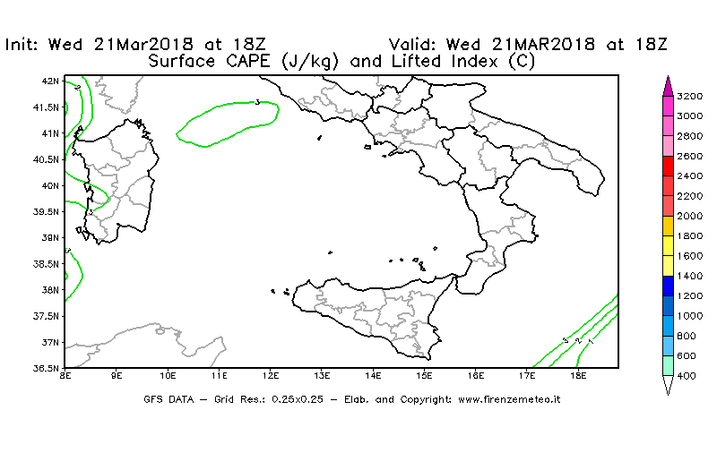 Mappa di analisi GFS - CAPE [J/kg] e Lifted Index [°C] in Sud-Italia
							del 21/03/2018 18 <!--googleoff: index-->UTC<!--googleon: index-->