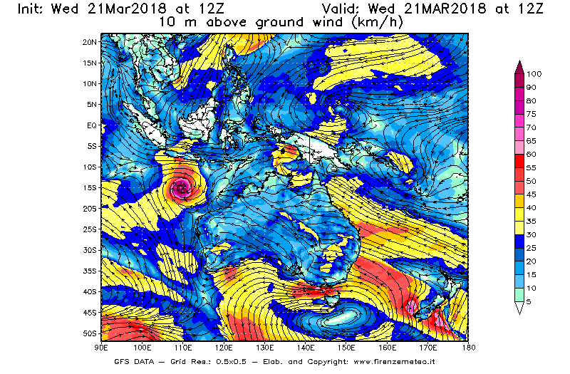 Mappa di analisi GFS - Velocità del vento a 10 metri dal suolo [km/h] in Oceania
							del 21/03/2018 12 <!--googleoff: index-->UTC<!--googleon: index-->