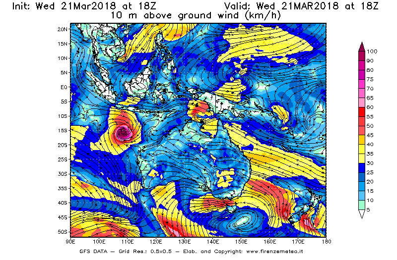 Mappa di analisi GFS - Velocità del vento a 10 metri dal suolo [km/h] in Oceania
							del 21/03/2018 18 <!--googleoff: index-->UTC<!--googleon: index-->