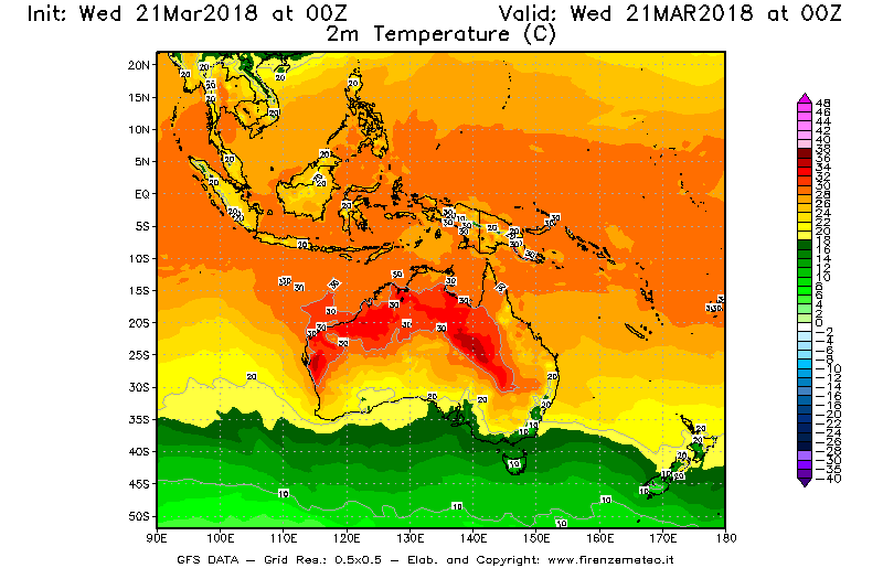 Mappa di analisi GFS - Temperatura a 2 metri dal suolo [°C] in Oceania
							del 21/03/2018 00 <!--googleoff: index-->UTC<!--googleon: index-->