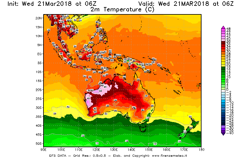 Mappa di analisi GFS - Temperatura a 2 metri dal suolo [°C] in Oceania
							del 21/03/2018 06 <!--googleoff: index-->UTC<!--googleon: index-->