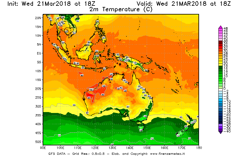 Mappa di analisi GFS - Temperatura a 2 metri dal suolo [°C] in Oceania
							del 21/03/2018 18 <!--googleoff: index-->UTC<!--googleon: index-->