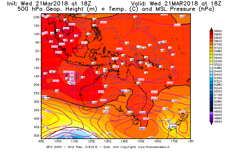 Mappa di analisi GFS - Geopotenziale [m] + Temp. [°C] a 500 hPa + Press. a livello del mare [hPa] in Oceania
							del 21/03/2018 18 <!--googleoff: index-->UTC<!--googleon: index-->