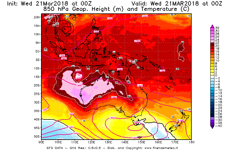 Mappa di analisi GFS - Geopotenziale [m] e Temperatura [°C] a 850 hPa in Oceania
							del 21/03/2018 00 <!--googleoff: index-->UTC<!--googleon: index-->