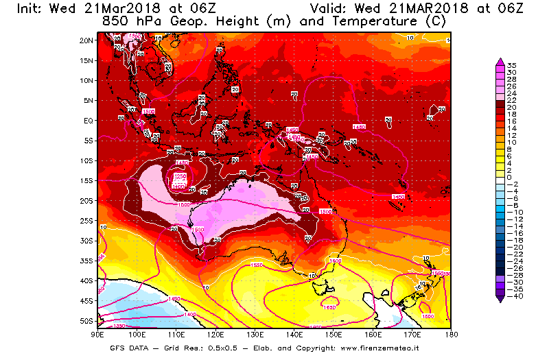 Mappa di analisi GFS - Geopotenziale [m] e Temperatura [°C] a 850 hPa in Oceania
							del 21/03/2018 06 <!--googleoff: index-->UTC<!--googleon: index-->