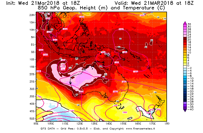 Mappa di analisi GFS - Geopotenziale [m] e Temperatura [°C] a 850 hPa in Oceania
							del 21/03/2018 18 <!--googleoff: index-->UTC<!--googleon: index-->