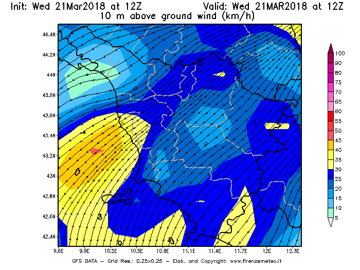 Mappa di analisi GFS - Velocità del vento a 10 metri dal suolo [km/h] in Toscana
							del 21/03/2018 12 <!--googleoff: index-->UTC<!--googleon: index-->