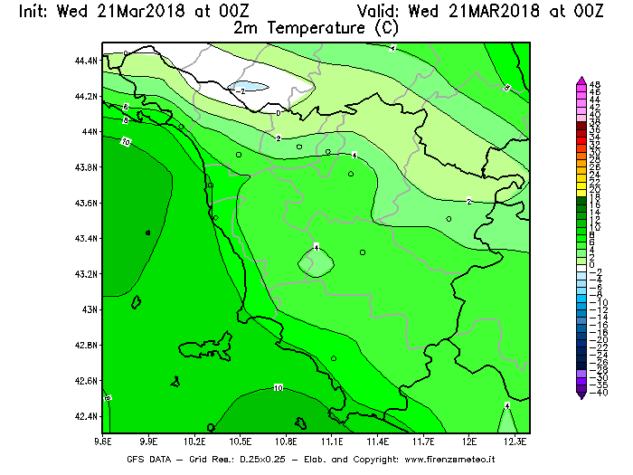Mappa di analisi GFS - Temperatura a 2 metri dal suolo [°C] in Toscana
							del 21/03/2018 00 <!--googleoff: index-->UTC<!--googleon: index-->
