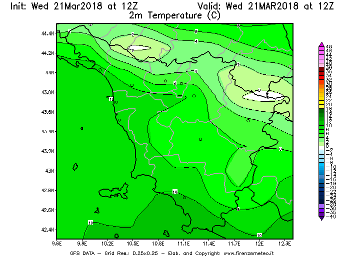 Mappa di analisi GFS - Temperatura a 2 metri dal suolo [°C] in Toscana
							del 21/03/2018 12 <!--googleoff: index-->UTC<!--googleon: index-->