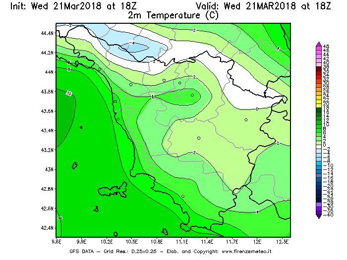 Mappa di analisi GFS - Temperatura a 2 metri dal suolo [°C] in Toscana
							del 21/03/2018 18 <!--googleoff: index-->UTC<!--googleon: index-->