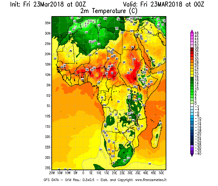 Mappa di analisi GFS - Temperatura a 2 metri dal suolo [°C] in Africa
									del 23/03/2018 00 <!--googleoff: index-->UTC<!--googleon: index-->