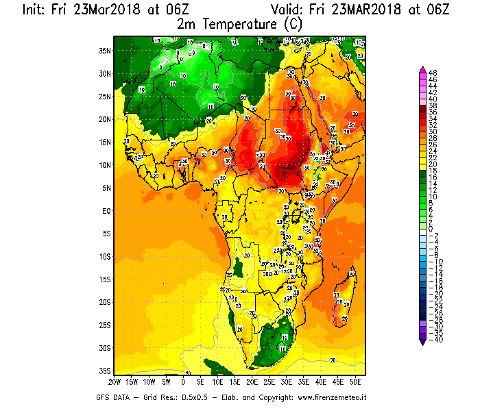 Mappa di analisi GFS - Temperatura a 2 metri dal suolo [°C] in Africa
									del 23/03/2018 06 <!--googleoff: index-->UTC<!--googleon: index-->