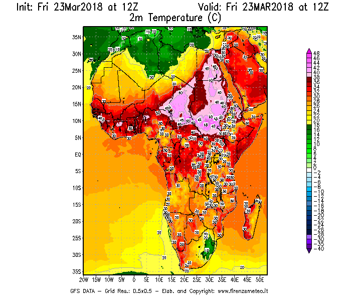 Mappa di analisi GFS - Temperatura a 2 metri dal suolo [°C] in Africa
									del 23/03/2018 12 <!--googleoff: index-->UTC<!--googleon: index-->