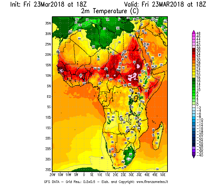 Mappa di analisi GFS - Temperatura a 2 metri dal suolo [°C] in Africa
									del 23/03/2018 18 <!--googleoff: index-->UTC<!--googleon: index-->