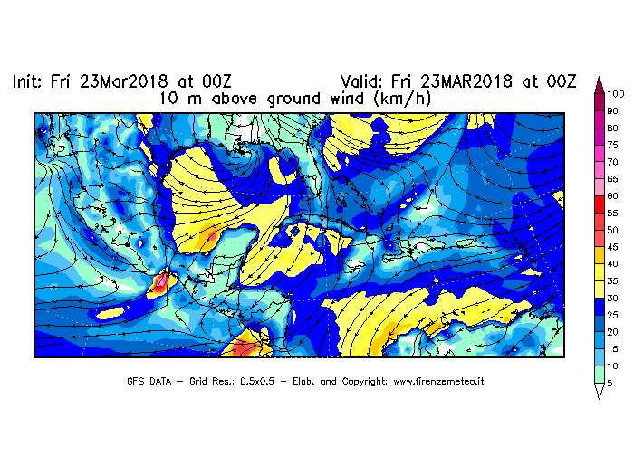 Mappa di analisi GFS - Velocità del vento a 10 metri dal suolo [km/h] in Centro-America
									del 23/03/2018 00 <!--googleoff: index-->UTC<!--googleon: index-->
