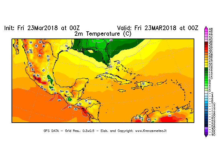 Mappa di analisi GFS - Temperatura a 2 metri dal suolo [°C] in Centro-America
									del 23/03/2018 00 <!--googleoff: index-->UTC<!--googleon: index-->