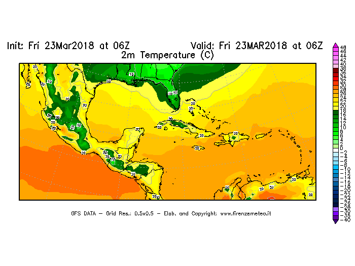 Mappa di analisi GFS - Temperatura a 2 metri dal suolo [°C] in Centro-America
									del 23/03/2018 06 <!--googleoff: index-->UTC<!--googleon: index-->