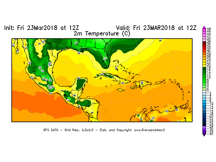 Mappa di analisi GFS - Temperatura a 2 metri dal suolo [°C] in Centro-America
									del 23/03/2018 12 <!--googleoff: index-->UTC<!--googleon: index-->