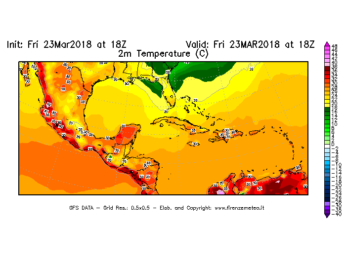 Mappa di analisi GFS - Temperatura a 2 metri dal suolo [°C] in Centro-America
									del 23/03/2018 18 <!--googleoff: index-->UTC<!--googleon: index-->