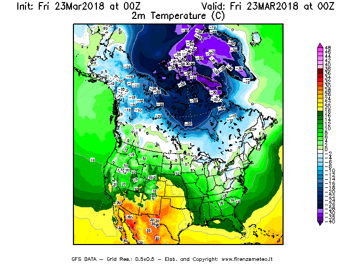 Mappa di analisi GFS - Temperatura a 2 metri dal suolo [°C] in Nord-America
									del 23/03/2018 00 <!--googleoff: index-->UTC<!--googleon: index-->