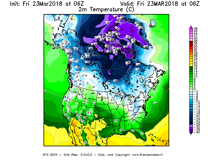 Mappa di analisi GFS - Temperatura a 2 metri dal suolo [°C] in Nord-America
									del 23/03/2018 06 <!--googleoff: index-->UTC<!--googleon: index-->