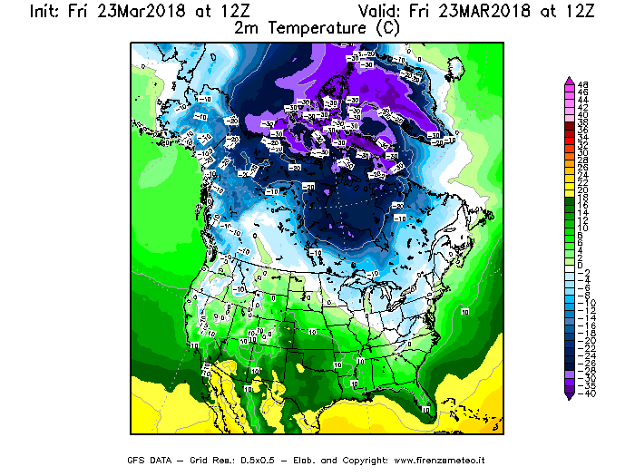 Mappa di analisi GFS - Temperatura a 2 metri dal suolo [°C] in Nord-America
									del 23/03/2018 12 <!--googleoff: index-->UTC<!--googleon: index-->