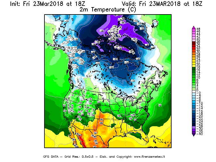 Mappa di analisi GFS - Temperatura a 2 metri dal suolo [°C] in Nord-America
									del 23/03/2018 18 <!--googleoff: index-->UTC<!--googleon: index-->