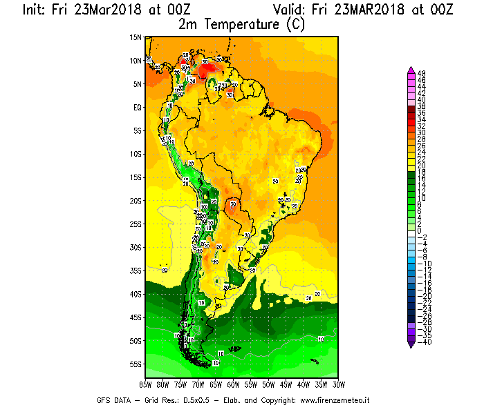 Mappa di analisi GFS - Temperatura a 2 metri dal suolo [°C] in Sud-America
									del 23/03/2018 00 <!--googleoff: index-->UTC<!--googleon: index-->