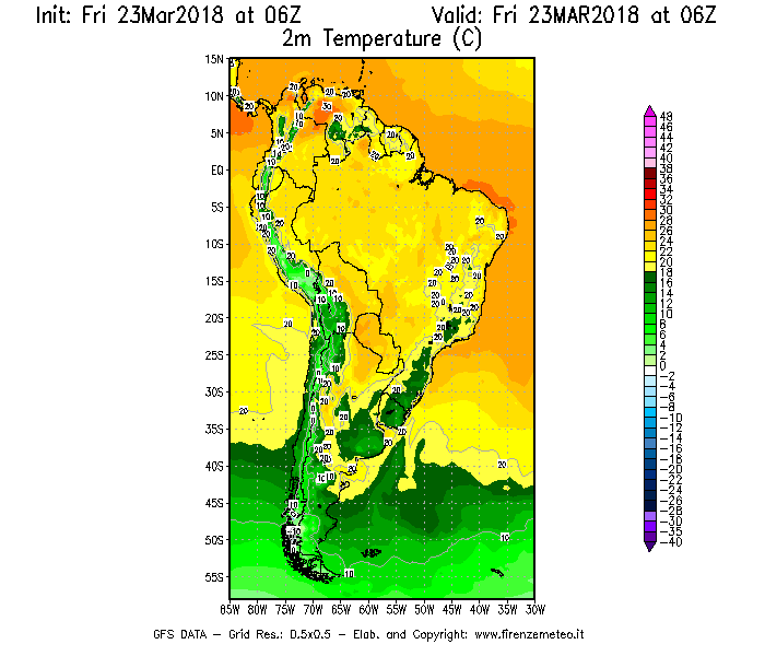 Mappa di analisi GFS - Temperatura a 2 metri dal suolo [°C] in Sud-America
									del 23/03/2018 06 <!--googleoff: index-->UTC<!--googleon: index-->