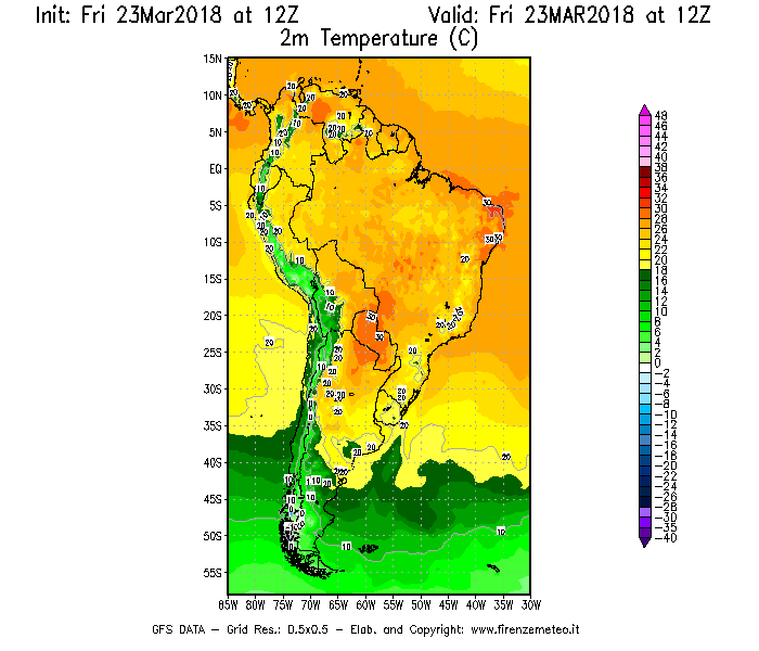 Mappa di analisi GFS - Temperatura a 2 metri dal suolo [°C] in Sud-America
									del 23/03/2018 12 <!--googleoff: index-->UTC<!--googleon: index-->