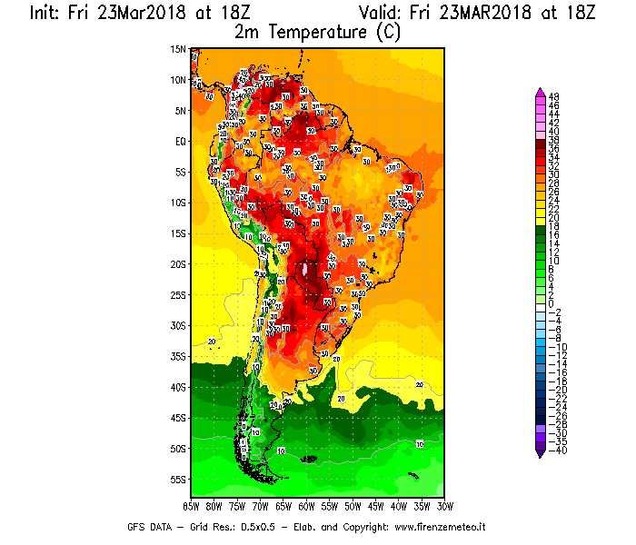 Mappa di analisi GFS - Temperatura a 2 metri dal suolo [°C] in Sud-America
									del 23/03/2018 18 <!--googleoff: index-->UTC<!--googleon: index-->
